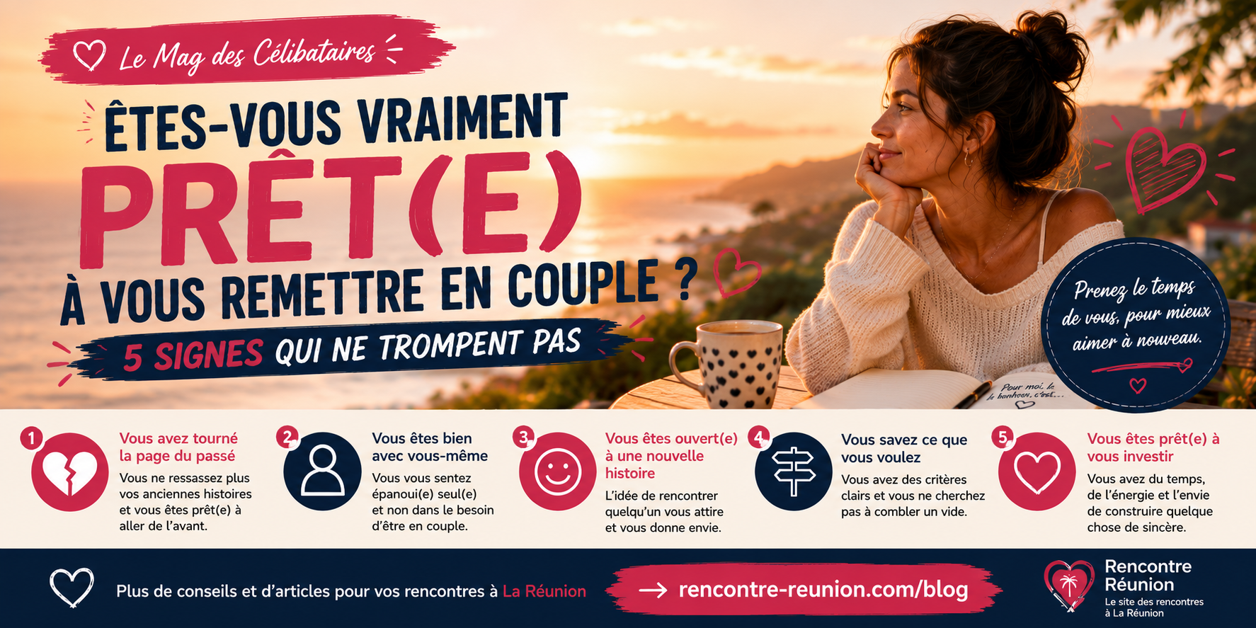 Personne souriante et épanouie, prête à vivre une nouvelle histoire d'amour à La Réunion