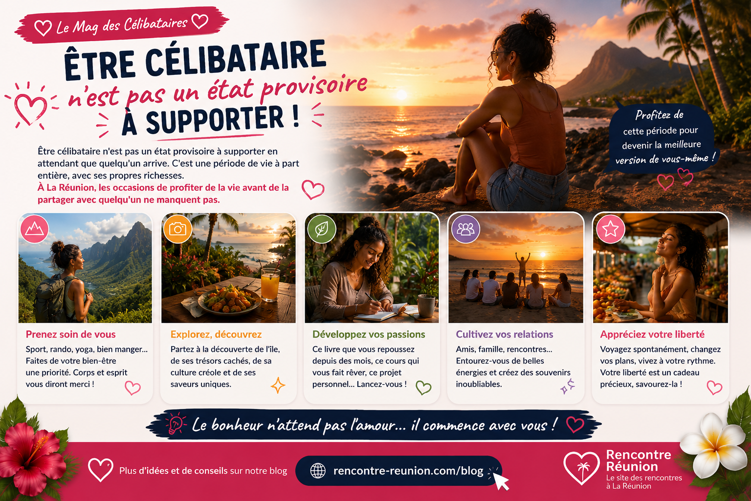 Femme célibataire souriante profitant d'une belle journée en bord de mer à La Réunion