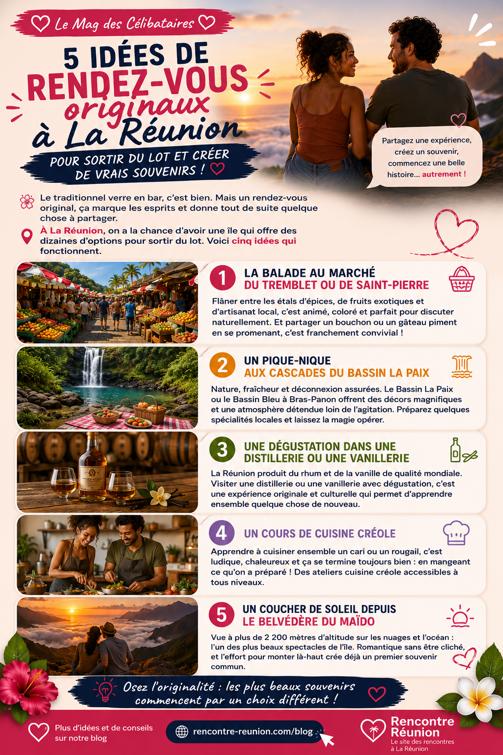 Couple profitant d'un premier rendez-vous original en bord de mer à La Réunion