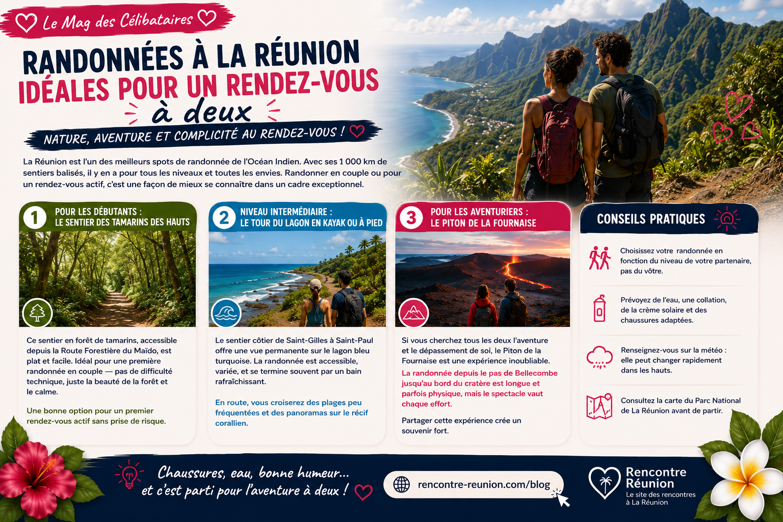 Couple en randonnée dans les hauts de La Réunion avec un panorama magnifique
