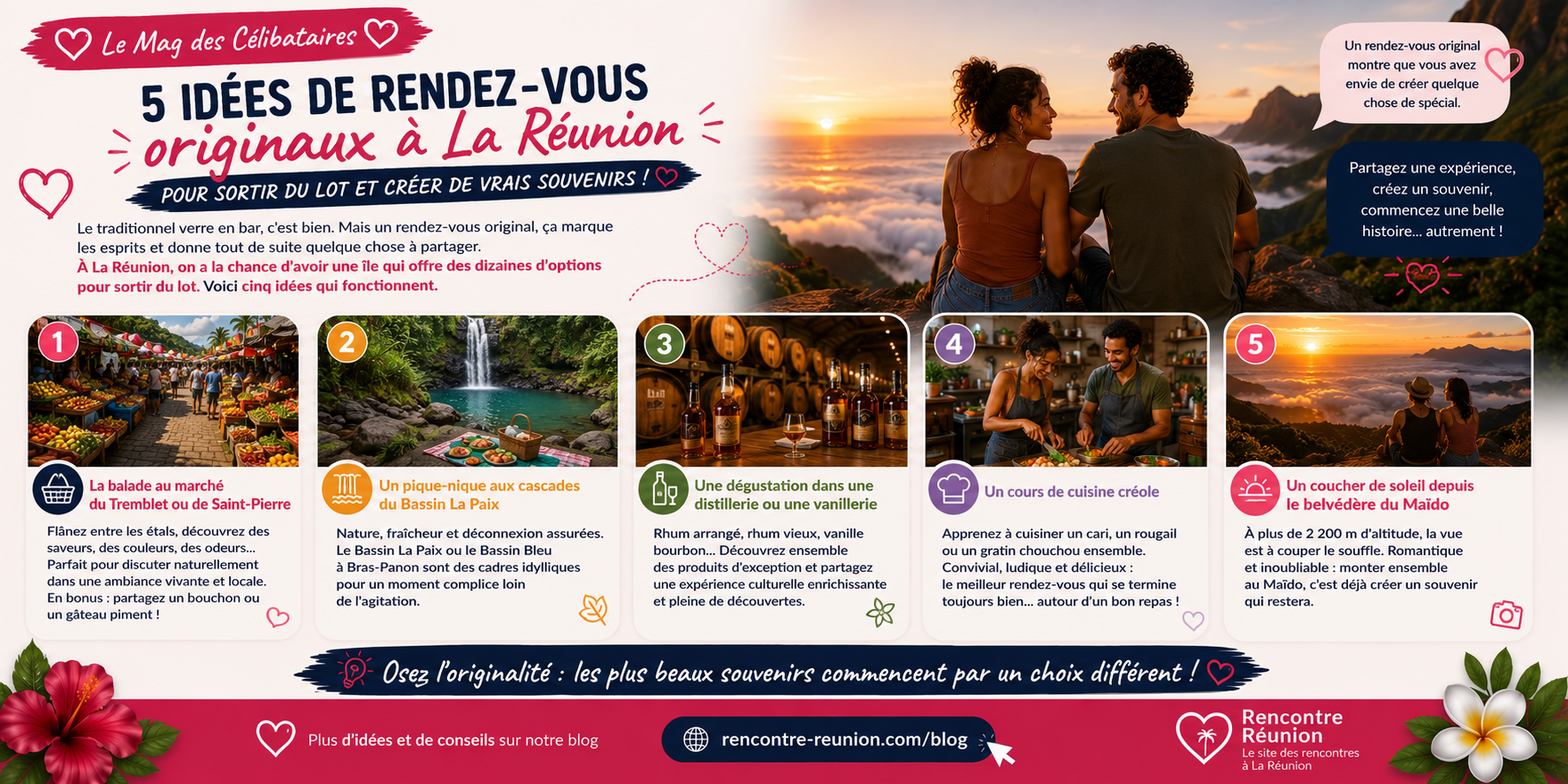 Couple profitant d'un premier rendez-vous original en bord de mer à La Réunion