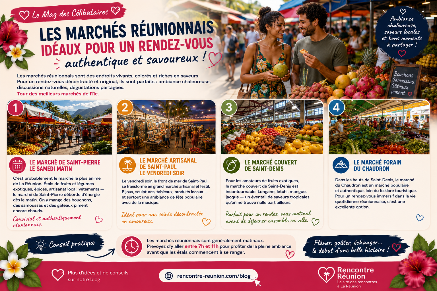 Couple visitant un marché coloré à La Réunion avec des épices et des fruits exotiques