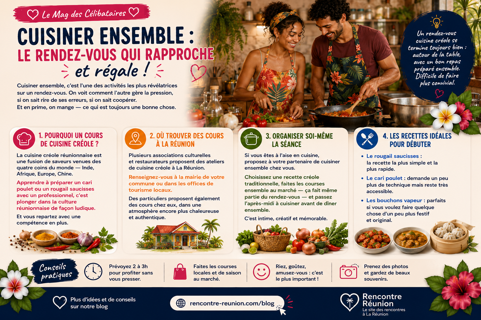 Couple préparant un cari créole ensemble lors d'un cours de cuisine à La Réunion