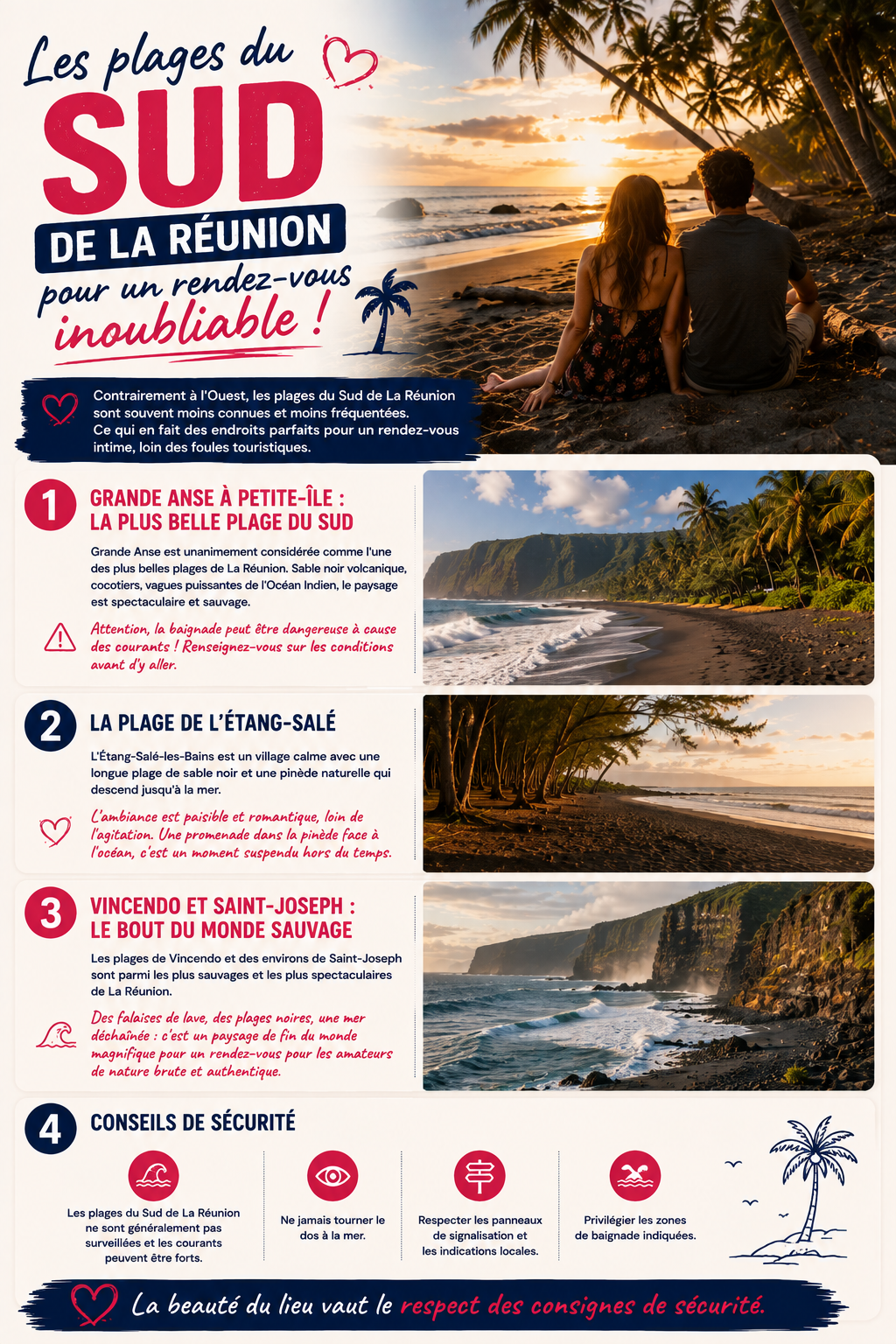 Plage de sable noir sauvage dans le Sud de La Réunion avec les vagues de l'Océan Indien