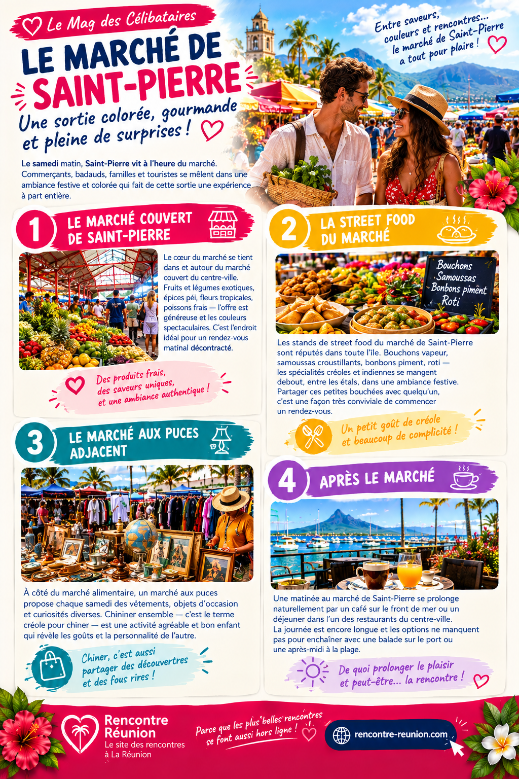 Étals colorés et animés du marché de Saint-Pierre un samedi matin à La Réunion